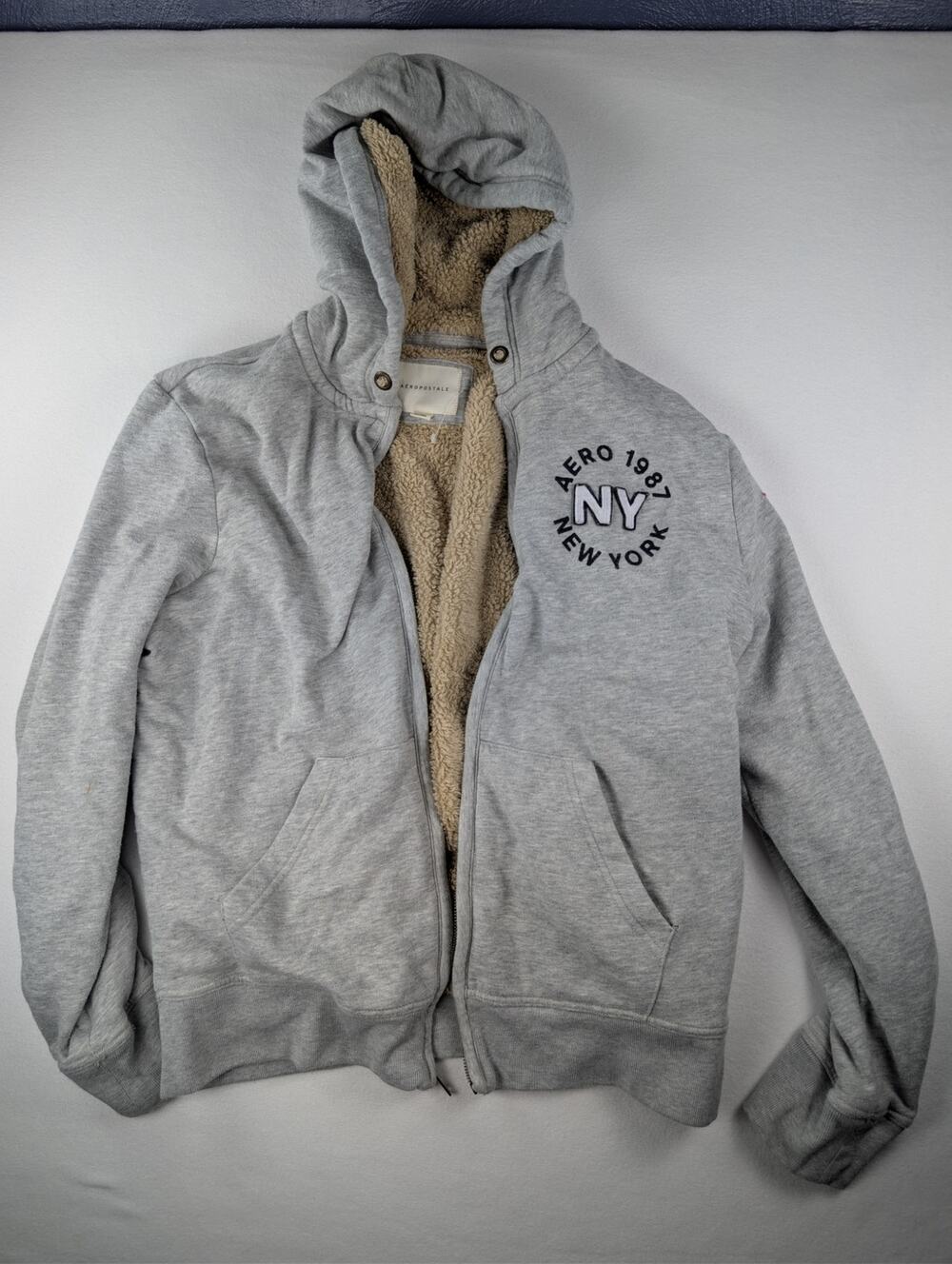 Aeropostale Sherpa Lined Full Zip Hoodie Gray Aero 1987 Y2K Size L